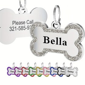 Resim 1 adet Bella Kişiselleştirilmiş Köpek Etiketi - Parıltılı Kemik Tasarımlı Özel Paslanmaz Çelik Kimlik Adı Pandantifi, Köpekler için İdeal Evcil Hayvan Hediyesi 