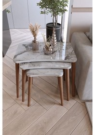 Resim Zuesse Dizayn Reyhan 3lü Zigon Sehpa & Yan Sehpa Ahşap Ayaklı Salon Seti Çay Sehpası - Beyaz Mermer 