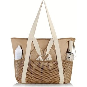 Resim Willowhaven Büyük Kum Geçirmez Katlanır Kadın Çantası Bej Renk Fermeşli File Cepli Plaj Seyahat Bej Renk 