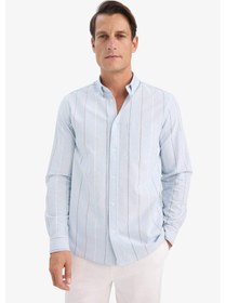 Resim Defacto Regular Fit Polo Yaka Çizgili Pamuklu Uzun Kollu Gömlek E7892ax25aube723 Mavi 