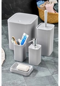 Resim Line 5 Parça Kare Banyo Seti - Çöp Kovası Wc Fırçası Sıvı-katı Sabunluk Diş Fırçası Gri 