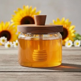 Resim Delixa Akasya Ağacı Kapaklı Borosilikat Cam Bal Kavanozu ve Bal Kaşığı| Modern Kahvaltılık Saklama Kabı | B 