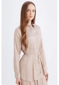 Resim DeFacto Relax Fit Gömlek Yaka Basic Düz Saten Beli Bağcıklı Uzun Kollu Gömlek Tunik D7202AX24WNBG705 Bej 