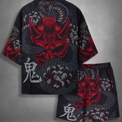 Resim Manga Ejderha Baskılı Japon Kimono ve Şort, Siyah ve Kırmızı, Polyester, Günlük V-Yaka, Esnek Olmayan Kumaş, Ev Giyimi için Normal Beden, Yazlık Giyim|Japon Kimono Stili|Polyester Kumaş 