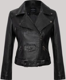 Resim Hakiki Deri Siyah Bel Kemerli Yandan Fermuarlı Kadın Deri Ceket Siyah 