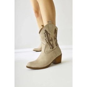 Resim Fiza Bej Sivri Burunlu Nakışlı Zımba Detaylı Western Bot 