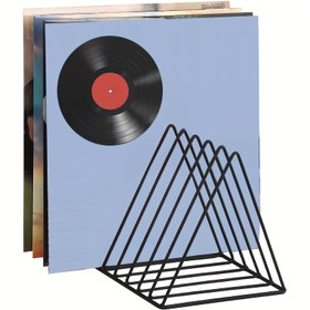 Resim 1 adet Metal Üçgen Depolama Rafı, Vinil Kayıt Depolama Tutucu, 5 Yuvalı Dergi Kitap Albümü Gösteri Rafı, Basit Masaüstü Dosya Sıralayıcı Düzenleyici, Ev Ofis Yurt İçin (Siyah/Beyaz) 