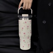 Resim 1 adet 900ml/33.44oz Lale Serisi Yalıtımlı Paslanmaz Çelik Su Şişesi Saplı ve Pipetli - Büyük Kapasite, Çift İçme Ağzı, Çiçek Deseni, Seyahat, Spor Salonu, Dış Mekan Aktiviteleri ve Tatil Hediyeleri için Mükemmel, Tatil Hediye Şişesi | Eğlenceli Tasarım | Paslanmaz Çelik Şişe 