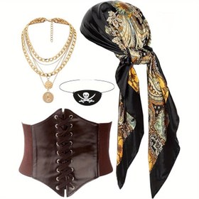 Resim 4 Parça Yetişkin Korsan Takımı - Şapka, Başörtüsü ve Kuğu Beli & Korset Dahil Tam Set Altın Aksesuar Detaylı Pirat Kolyesi ile Jolly Roger Amblemi içerir. Daya 