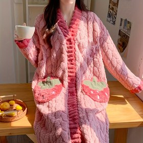Resim Kadınlar İçin Orta Boy Peluş Astarlı Kışlık Pijama Elbise - Çilek Cep Detaylı Kapüşonlu V Yaka, Kalın %100 Polyester, Makinede Yıkanabilir, Evde Rahat Giyim, Şükran Günü Noel Sevgililer Günü Anneler Günü Hediyesi 