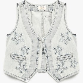 Resim Kız Çocuk Pamuklu Cep Detaylı V Yaka Çiçekli Crop Denim Yelek 