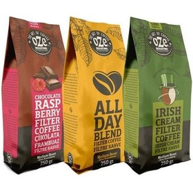 Resim Oze Aromalı Filtre Kahve Tanışma Seti Irish Cream, All Day Blend, Çikolata Frambuaz 3'lü 250G French Press 