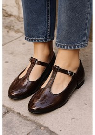 Resim Siyah Süet T-strap Mary Jane Tasarım Babet Kahverengi 