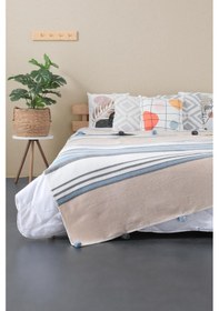 Resim Aksu Ponpon Pamuklu Çift Kişilik Battaniye - Mavi 