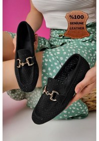 Resim Muggo Phuket Garantili Metal Tokalı Lazerli Nefes Alabilen Deri Kadın Loafer Günlük Ayakkabı Siyah 