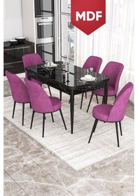 Resim Canisa Kor Serisi MDF 70x114 Açılabilir Yemek Masası Takımı, 6 Sandalye Masa Siyah Mermer Desen Sandalye Mor 