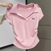 Resim Asya Bedeni 6160 - Pembe - 9 Nakışlı Yaka Beli Bağlı Kısa Kollu Kadın T-Shirt, Yaz Stili. 