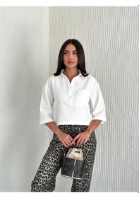 Resim Crop Yakalı Gömlek Üç Çeyrek Sleeve Kol - Beyaz Çok Renkli 