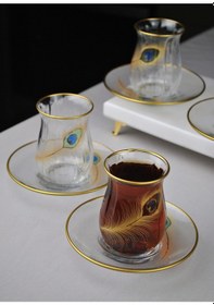 Resim 12 Parça 6 Kişilik Lüx Cam Çay Seti Gold Detaylı Altın Renk İşlemeli Lüks Çay Takımı Altın 