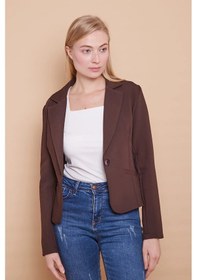 Resim Yakalı Flato Cepli Uzun Kol Pamuklu Kumaş Kısa Blazer Ofis Ceket -kahve Kahve 