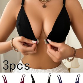 Resim 3 adet Kadın Ön Kapatma Push-Up Sütyen - Kablosuz Konfor, Yüksek Destek, Dolgu Yok, Zarif Düz Renkler (Siyah, Mor, Deniz Mavisi) - Şık ve Çok Yönlü Günlük Kıyafetler, Rahat İç Çamaşırı, Şık Sütyen Tasarımı, Pürüzsüz Dokulu Sütyen, Yüksek Destek İç Çamaşırı, Kablosuz Tasarım, Dikişsiz Sütyen, Pürüzsüz Dokulu Sütyen, Dolgu Yok Sütyen, Günlük Sütyenler 