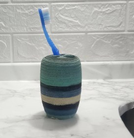 Resim 2 Adet Diş Fırçalık Mavi Örgü Poliresin 7x7x11cm Banyo Seti Çok Renkli 