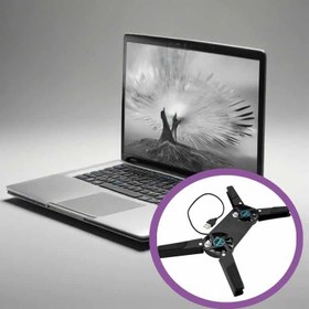 Resim 1 adet Çift Fan Laptop Standı | Katlanabilir USB Soğutma Rafı | Alüminyum Notebook Tutucu | Ofis Oyun Masası Temel - Siyah ve Mavi Detaylar, Taşınabilir ve Ayarlanabilir, Oyun ve Ofis Kullanımı için İdeal, Ofis Temel | Modern Estetik | Dayanıklı Yapı, Laptop Soğutma Rafı 