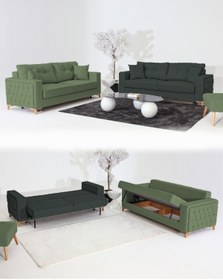 Resim Velura Home & Living Nola Koltuk Takımı 3+3 & Bazalı Yataklı Koltuk & Kanepe - Keten 