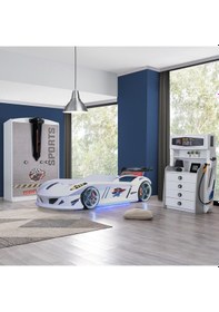 Resim Setaymobilya Sports Çocuk Odası - Jaguar Arabalı Yatak Dolap Şifonyer - Beyaz 