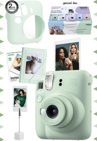 Resim Fujifilm Instax mini 12 Yeşil Fotoğraf Makinesi-10'lu Film-Kıskaçlı Stand-Mini Albüm ve Silikon Kılıf Seti 