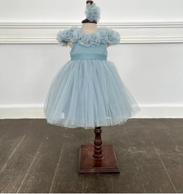 Resim Butikhappykids Kız Çocuk Mavi Yakası Gül Çiçekli Bandanalı Kısa Tüllü Abiye 9-36 Ay Mavi 