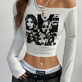 Resim Vintage Omuz Açık Uzun Kollu Kadın Streetwear Tişört 