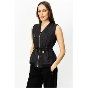 Resim On Kadın Kolsuz Minimalist Fermuarlı Bel Büzgülü Yelek Siyah 