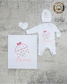 Resim yzc home size dair... K80 Bt Isme Özel Isimli Baskılı Bebek Battaniye Tulum Şapka Eldiven Set Hastane Çıkışı 