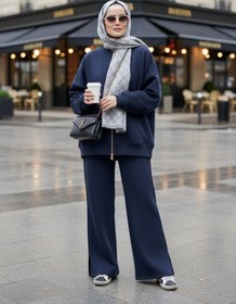 Resim Aselim Hijap Moda 3 İplik Şardonlu Bomber İkili TesettürTakım | Pamuklu Rahat Takım Lacivert 