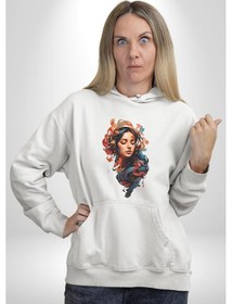 Resim Müzik Dinleyen Kulaklık Yaprak Saçlı Renkli Kadın Erkek Beyaz Kapüşonlu Sweatshirt Hoodie Beyaz 