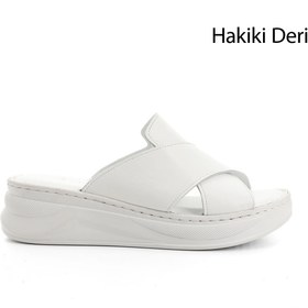 Resim GÖNDERİ(R) Kadın / Kız Beyaz Çapraz Bantlı Dolgu Topuk Hakiki Deri Comfort Terlik 