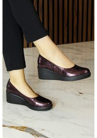 Resim Erkan Saçmacı Mabel Bordo Yılan Hakiki Dana Derisi Yuvarlak Burun Dolgu Topuklu Günlük Ayakkabı Bordo 