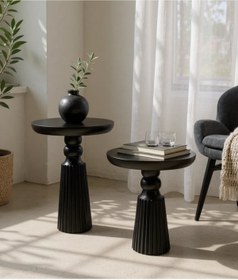 Resim ASELYA HOME Doğal Ahşap 2’li Set Siyah Renk Mantar Yan Sehpa Modern Fiskos Zigon Çiçeklik 