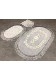 Resim Exclusive Oval Gri 3'lü Dantelli Ve Saçaklı Banyo Paspası Püsküll Gri 