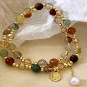 Resim 1 adet Zarif Vintage Çift Katmanlı Kristal ve İnci Boncuklu Bilezik, Sentetik Taş, Cam Ana Malzeme, Çok Yönlü Günlük Giyim Takı Aksesuarı, Tüm Mevsimler İçin Uygun 