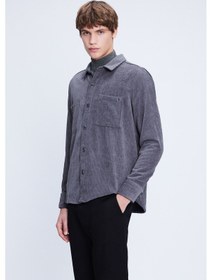 Resim Gri Shacket Comfort Fit Uzun Kol Fitilli Kadife Gömlek Gri 