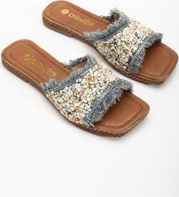 Resim Kadın Düz Topuklu Terlik Gri Taşlı Püsküllü Kalın Tekbant-3924 Gri 