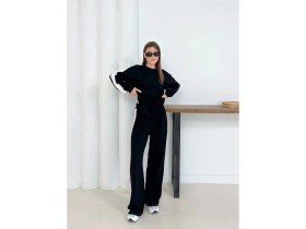 Resim Geniş Şerit Detaylı Oversize Geniş Paça Modal Kumaş Eşofman Takım 