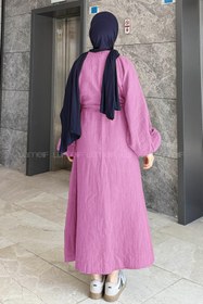 Resim lamelif Balon Kol Bağlamalı Tesettür Elbise Pembe 