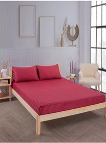 Resim Bordo Pamuklu Çizgili Saten Lastikli Çarşaf Takımı Tek Kişilik + 1 Yastık Kılıfı Bordo 