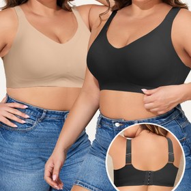 Resim 2 Adet Kadın Plus Beden Dikişsiz Sütyenler, Çeliksiz, Çıkarılabilir Dolgulu Yumuşak Rahat Nefes Alabilen V-Yaka Push-Up Sütyenler 1XL-4XL için Şık Günlük & Antrenman Sütyenleri, Basit Zarif Tasarım, Telsiz Yapı, Dayanıklı Konfor 