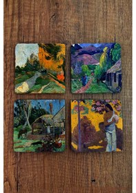 Resim Doğal Taş Bardak Altlığı - Paul Gaugin Eserleri Baskılı 10x10cm Stone Coasters Çok Renkli 