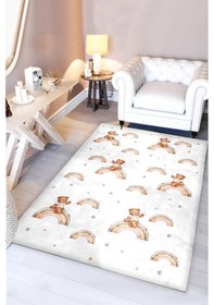 Resim Ayıcıklı Bambu Bebek Çocuk Halısı Beyaz 