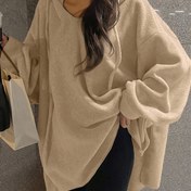 Resim Kadınlar İçin Oversize Kapüşonlu Kazak - Bej Düz Renk Uzun Kollu Bol Fit Sıcacık Sonbahar ve 